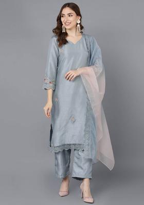 Grey Solid Silk Kurta Set