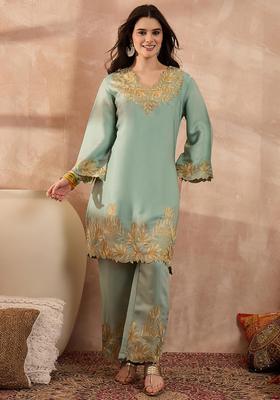 Green Embroidery Silk Kurta Set