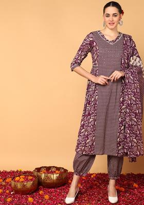 Magenta Floral Print Cotton Kurta Set