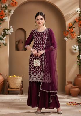 Burgundy Embroidery Blended Sharara Set