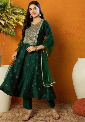Green Embroidery Blended Kurta Set
