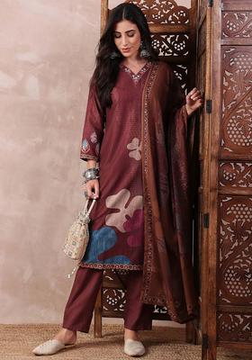 Brown Printed Rayon Kurta Set