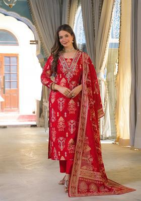 Red Printed Viscose Kurta Set