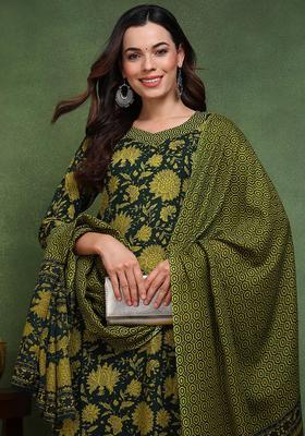Green Floral Print Rayon Kurta Set