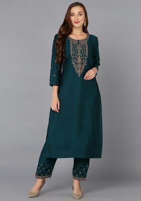 Green Embroidery Silk Kurta Set