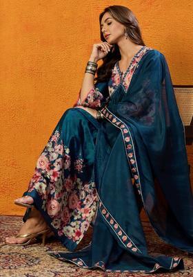 Blue Floral Print Blended Salwar Suit Set