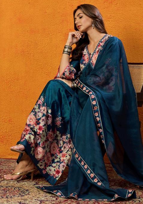 Blue Floral Print Blended Salwar Suit Set — view on Indya