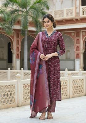 Maroon Floral Print Rayon Kurta Set