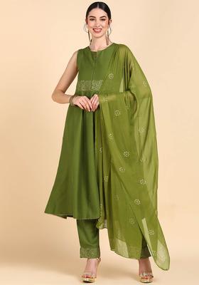 Olive Solid Silk Anarkali Set