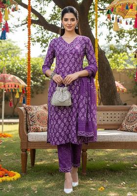 Purple Printed Rayon Kurta Set