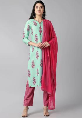 Green Floral Print Polyester Kurta Set