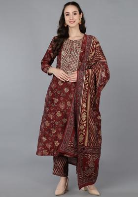 Maroon Floral Print Silk Kurta Set