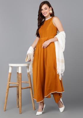 Mustard Solid Silk Anarkali Set