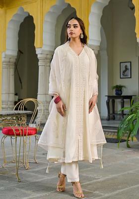 Off White Embroidery Silk Kurta Set
