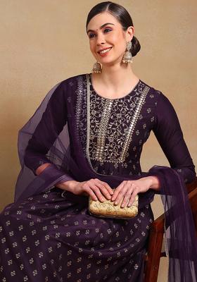 Purple Embroidery Blended Kurta Set