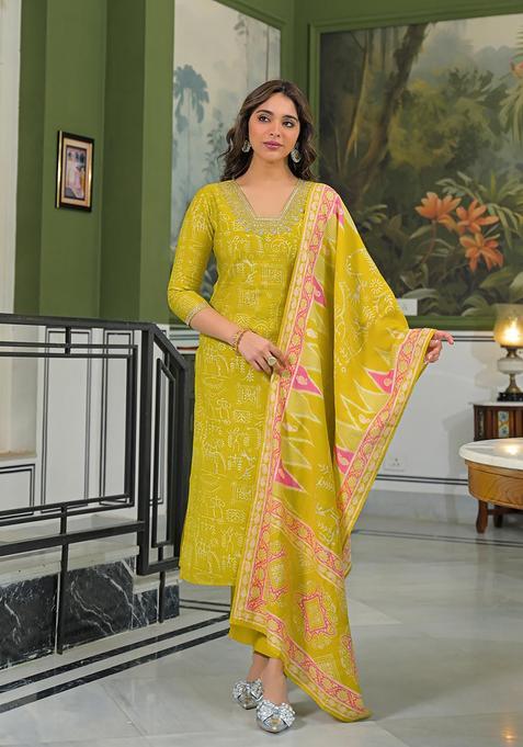 Yellow Printed Viscose Kurta Set — view on Indya