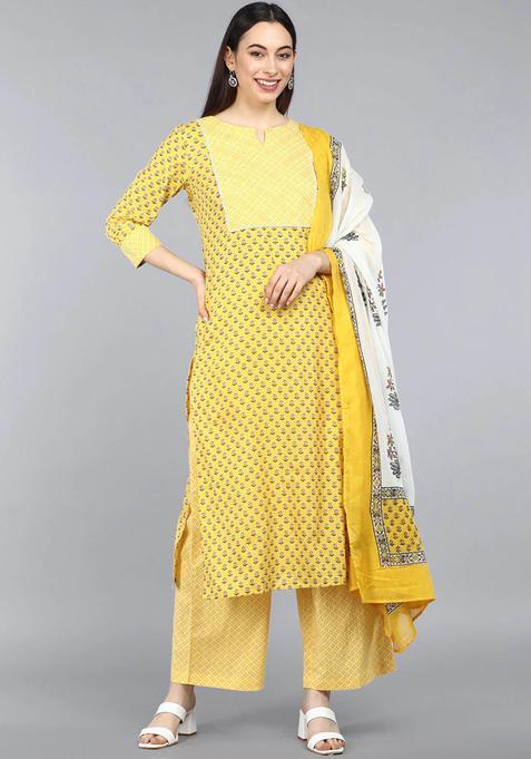 Yellow Printed Cotton Palazzo Set — view on Indya