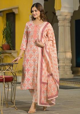 Peach Floral Print Cotton Kurta Set
