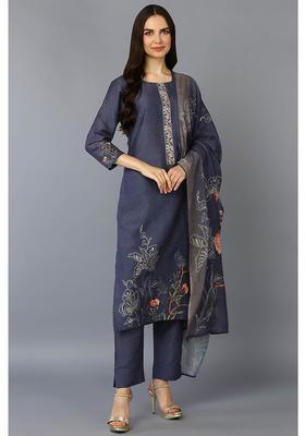 Grey Floral Print Silk Kurta Set