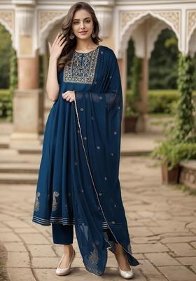 Teal Embroidery Silk Kurta Set