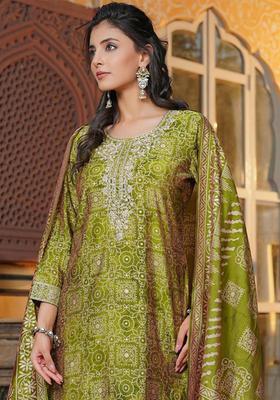 Green Printed Silk Kurta Set