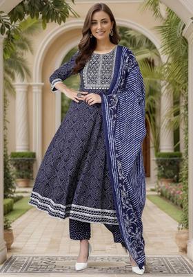 Navy Blue Embroidery Rayon Kurta Set