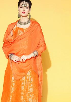Orange Printed Chanderi Kurta Set
