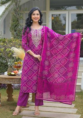 Purple Embroidery Silk Kurta Set