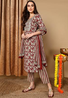 Maroon Printed Blended Kurta Set