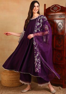 Purple Embroidery Blended Anarkali Set