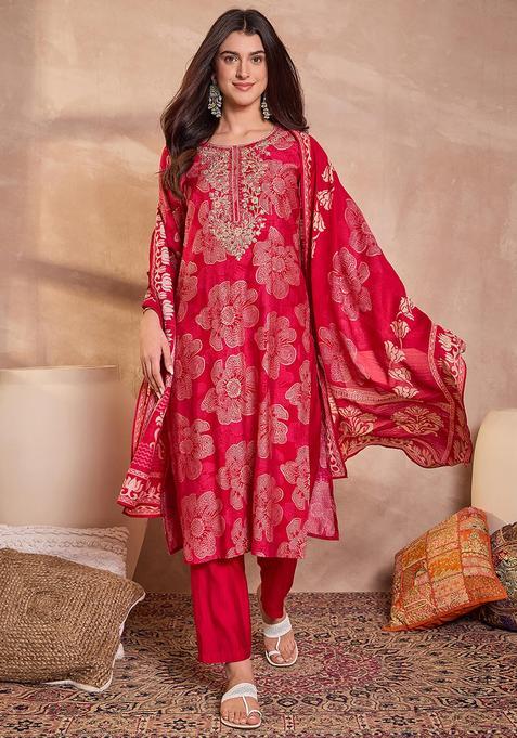 Pink Floral Print Viscose Salwar Suit Set — view on Indya