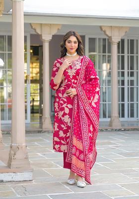 Red Floral Print Viscose Kurta Set