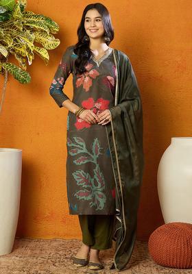 Olive Floral Print Rayon Kurta Set