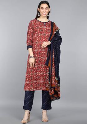 Maroon Printed Cotton Kurta Set