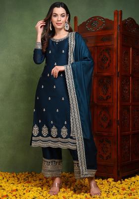 Teal Embroidery Blended Palazzo Set