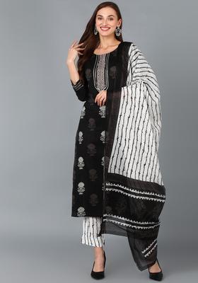 Black Floral Print Rayon Kurta Set