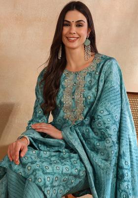 Green Printed Blended Kurta Set