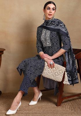 Navy Blue Printed Blended Kurta Set
