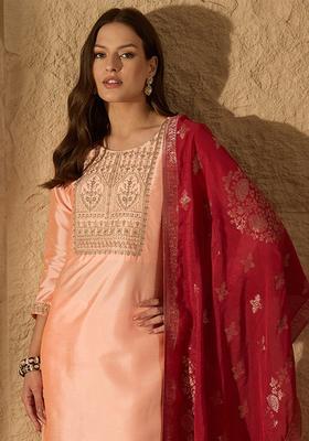 Peach Embroidery Silk Kurta Set