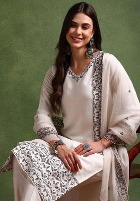 Off White Embroidery Blended Kurta Set