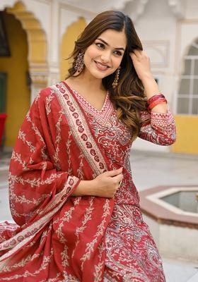 Red Printed Rayon Kurta Set