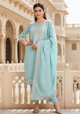 Blue Embroidery Silk Kurta Set