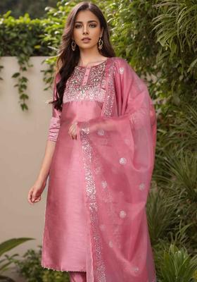 Pink Embroidery Silk Kurta Set