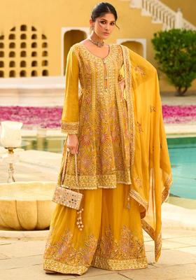 Yellow Embroidery Chinon Palazzo Set