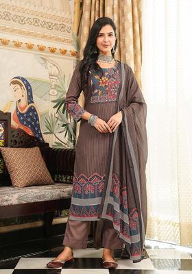 Brown Printed Rayon Kurta Set