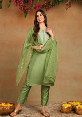Green Embroidery Blended Kurta Set