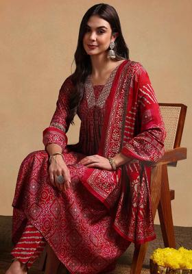 Maroon Printed Silk Anarkali Set