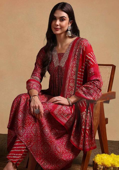 Maroon Printed Silk Anarkali Set — view on Indya