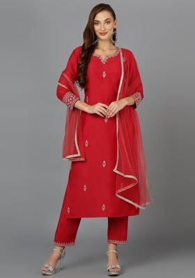 Red Embroidery Silk Kurta Set