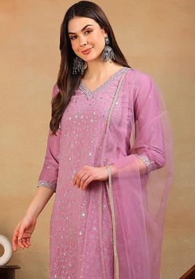 Lavender Embroidery Silk Kurta Set